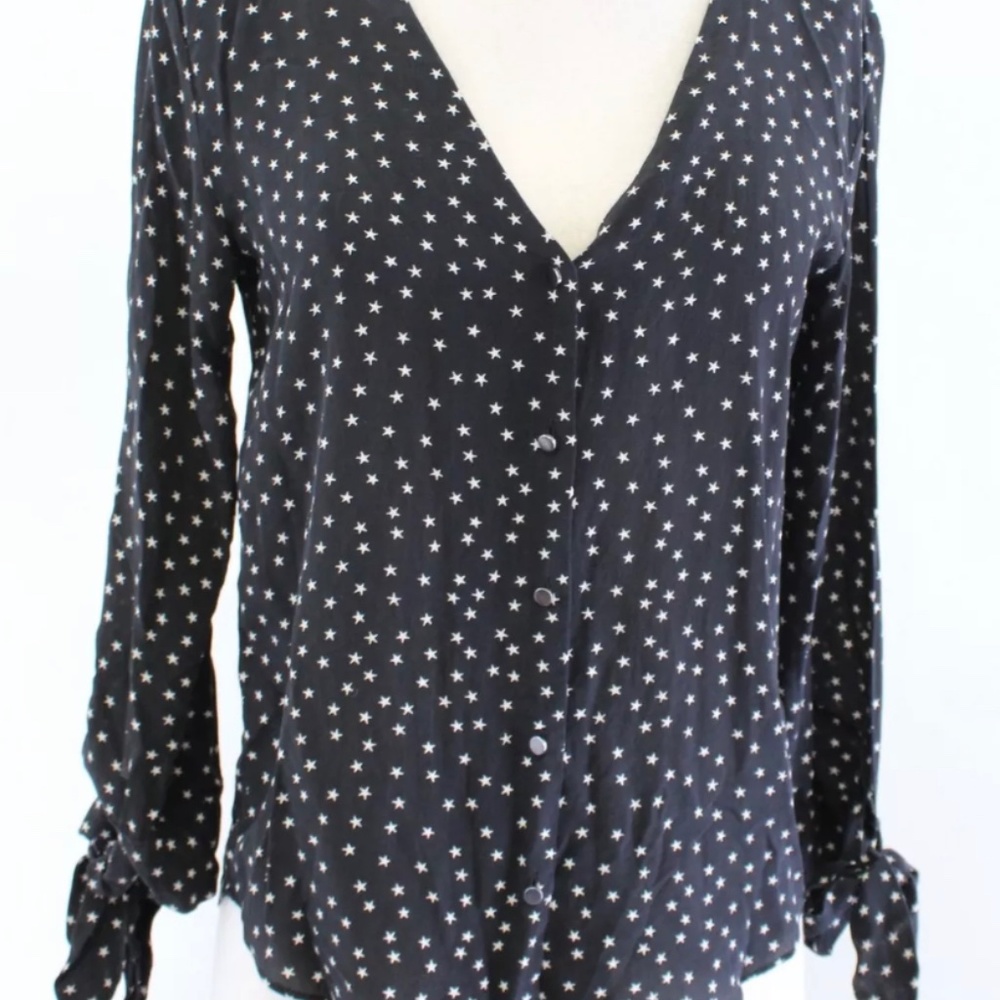 Madewell Black Silk Star Scatter Print Tie Sleeve Top Blouse Size S V Neck